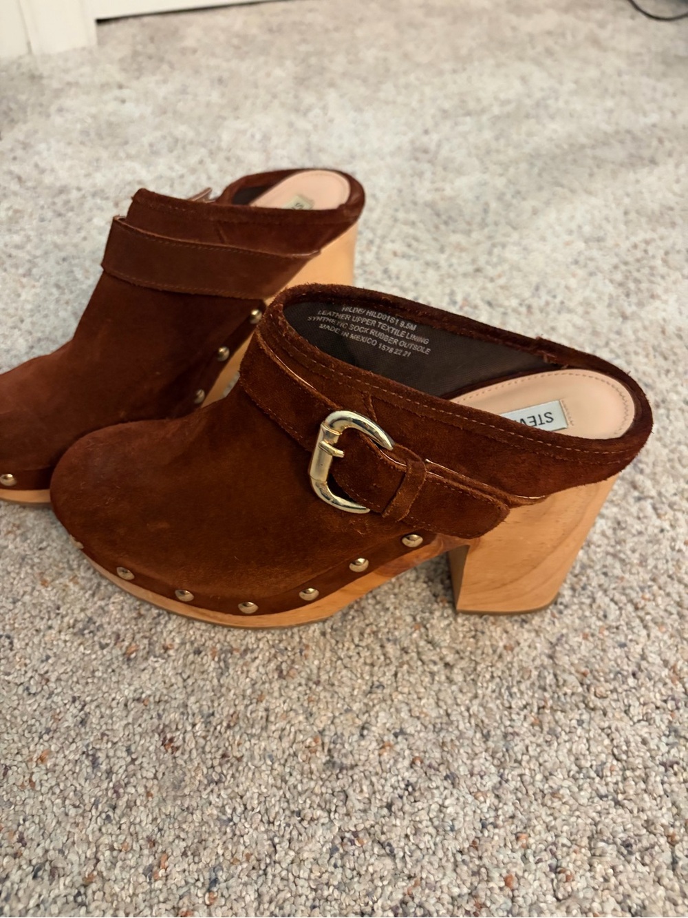 Steve Madden Brown Suede Clog Mules with Buckle Detail